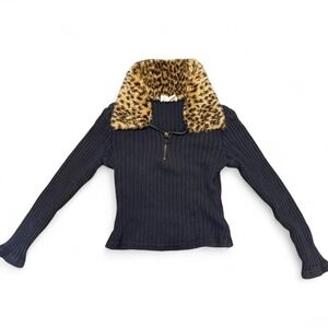 Y2K Faux Fur Cropped Long Sleeve Top Leopard Animal Print 2000s